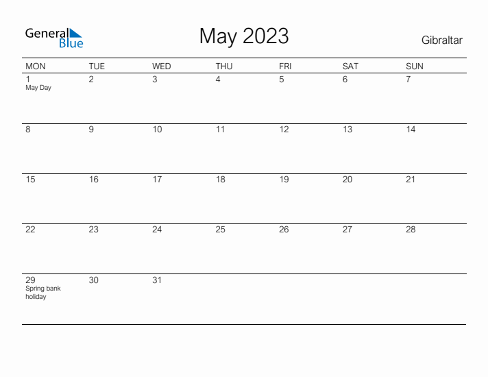 Printable May 2023 Calendar for Gibraltar