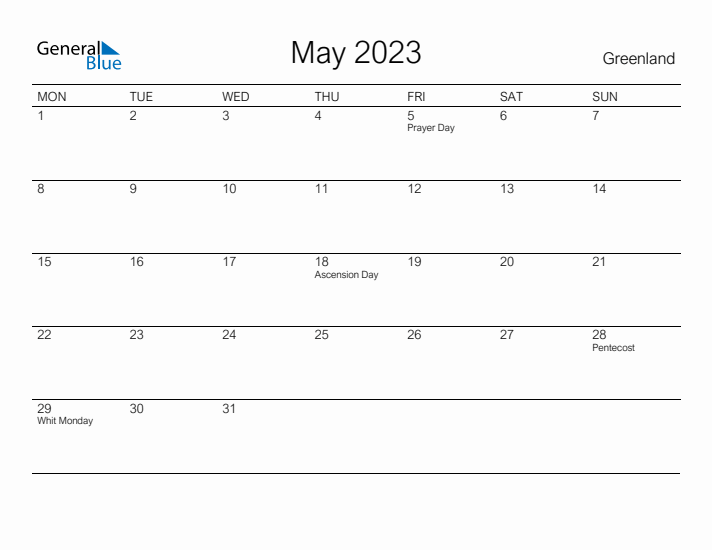 Printable May 2023 Calendar for Greenland