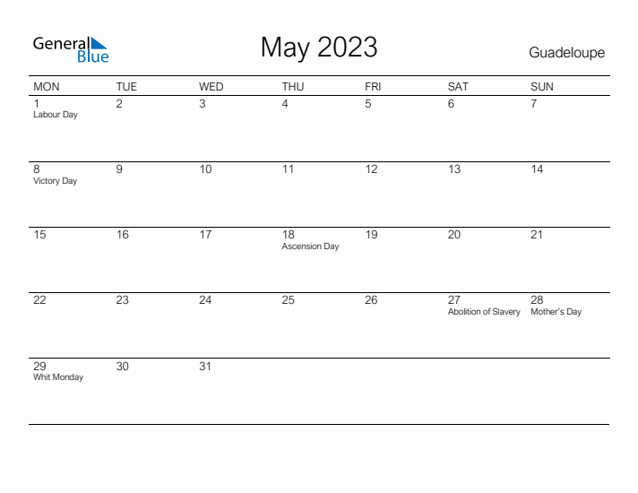 Printable May 2023 Calendar for Guadeloupe