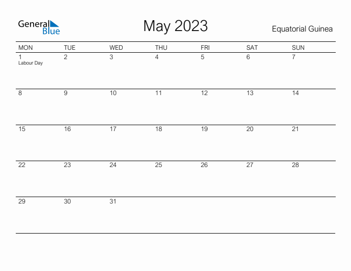 Printable May 2023 Calendar for Equatorial Guinea