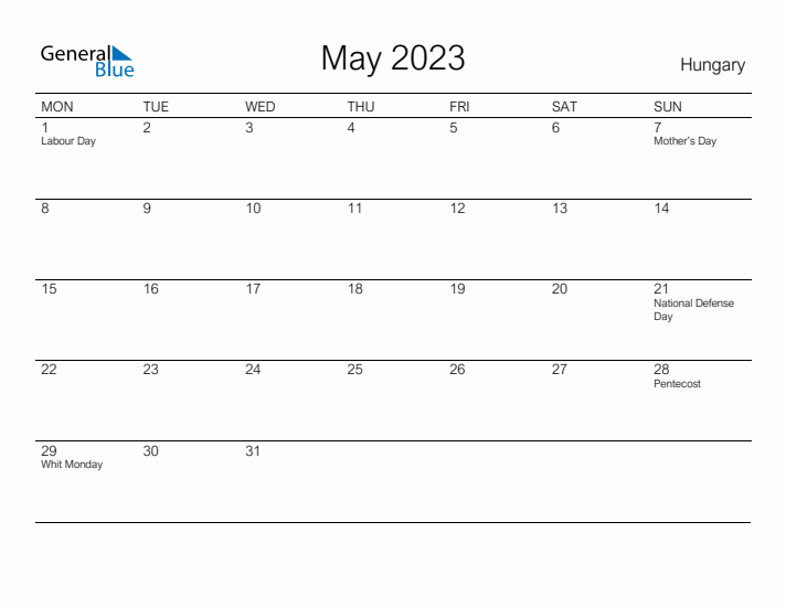 Printable May 2023 Calendar for Hungary