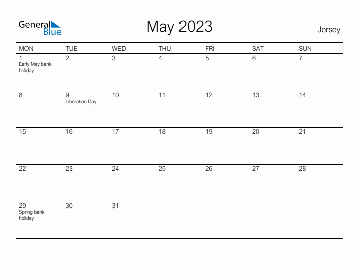 Printable May 2023 Calendar for Jersey