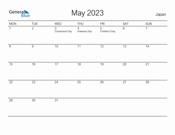 Printable May 2023 Calendar for Japan