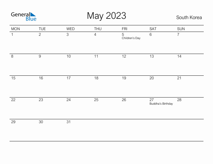 Printable May 2023 Calendar for South Korea