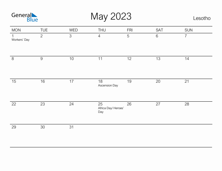 Printable May 2023 Calendar for Lesotho