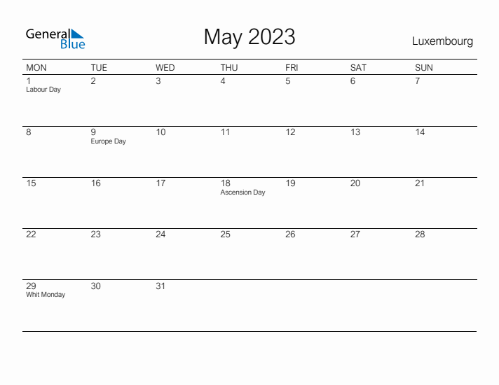 Printable May 2023 Calendar for Luxembourg