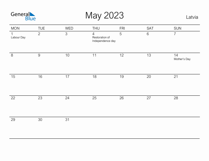 Printable May 2023 Calendar for Latvia