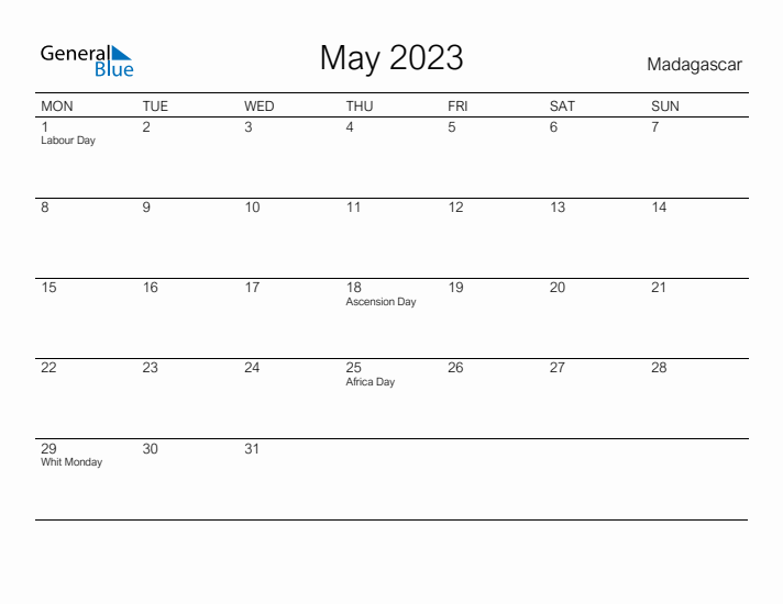 Printable May 2023 Calendar for Madagascar