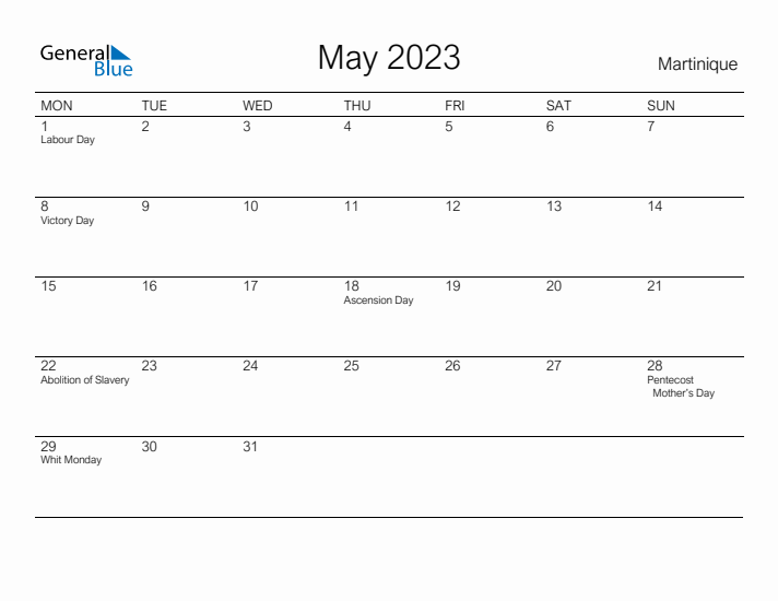 Printable May 2023 Calendar for Martinique