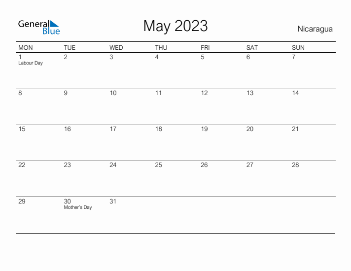 Printable May 2023 Calendar for Nicaragua