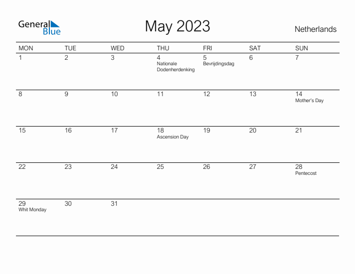 Printable May 2023 Calendar for The Netherlands