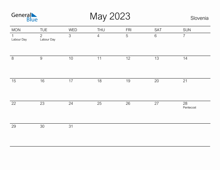 Printable May 2023 Calendar for Slovenia