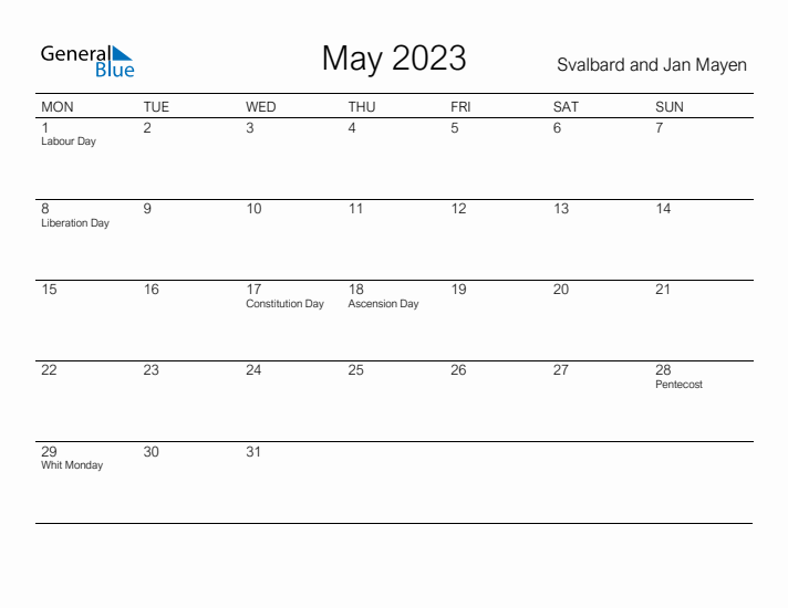 Printable May 2023 Calendar for Svalbard and Jan Mayen
