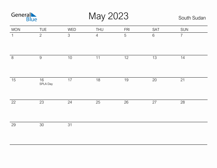 Printable May 2023 Calendar for South Sudan