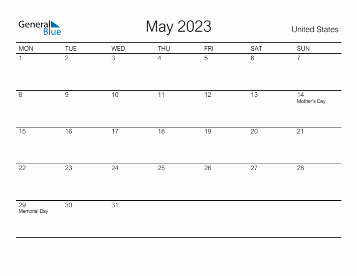 Printable May 2023 Calendar for United States
