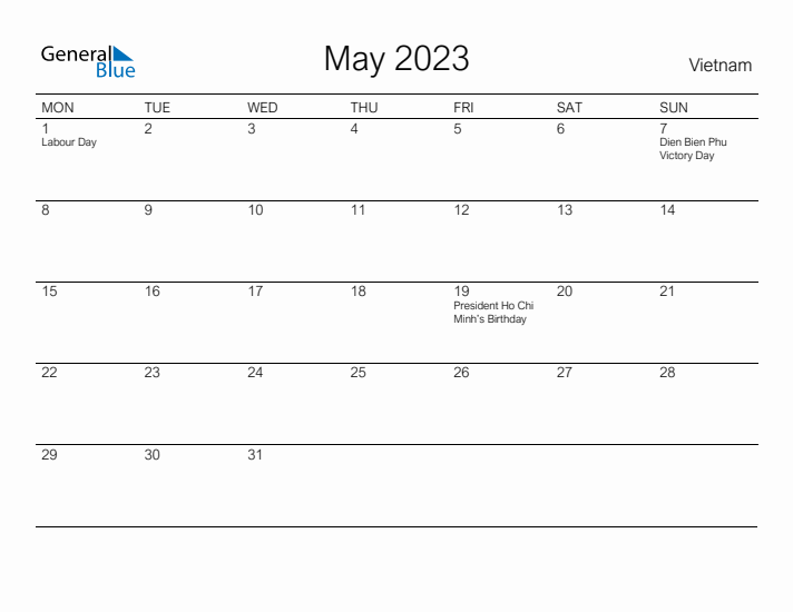 Printable May 2023 Calendar for Vietnam