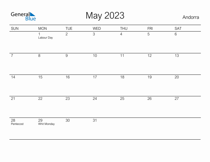 Printable May 2023 Calendar for Andorra
