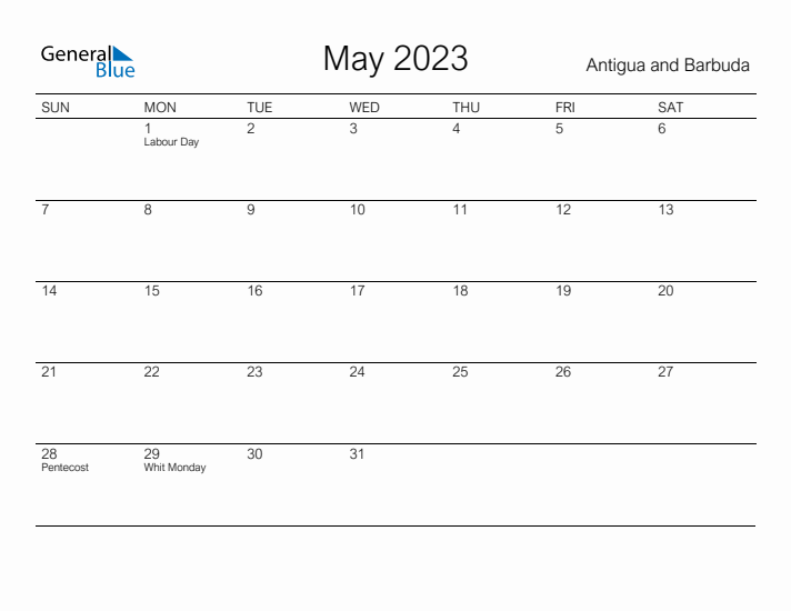 Printable May 2023 Calendar for Antigua and Barbuda