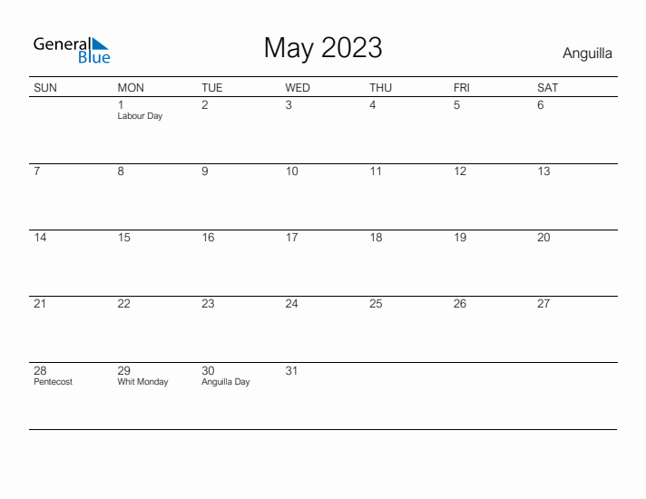 Printable May 2023 Calendar for Anguilla