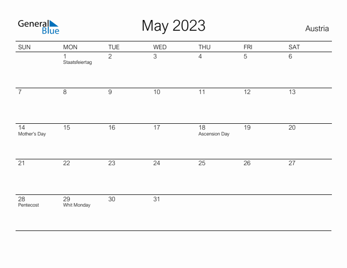 Printable May 2023 Calendar for Austria