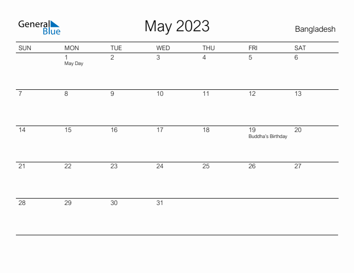 Printable May 2023 Calendar for Bangladesh