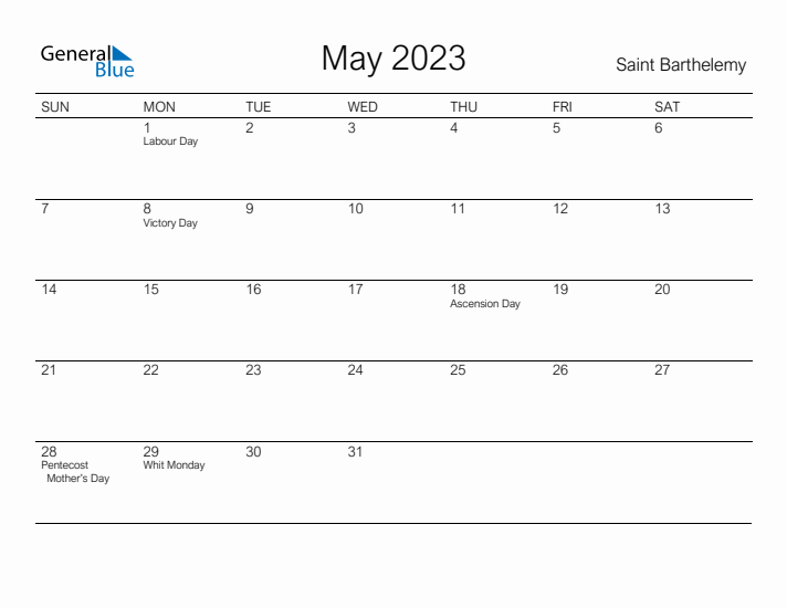 Printable May 2023 Calendar for Saint Barthelemy