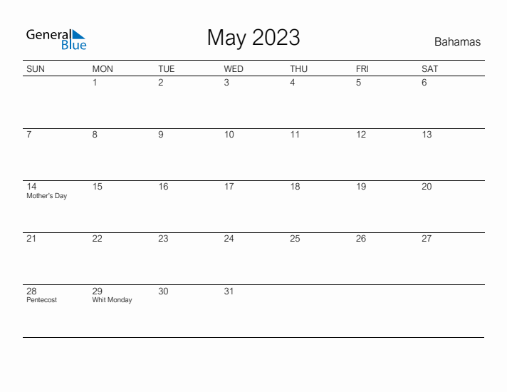 Printable May 2023 Calendar for Bahamas
