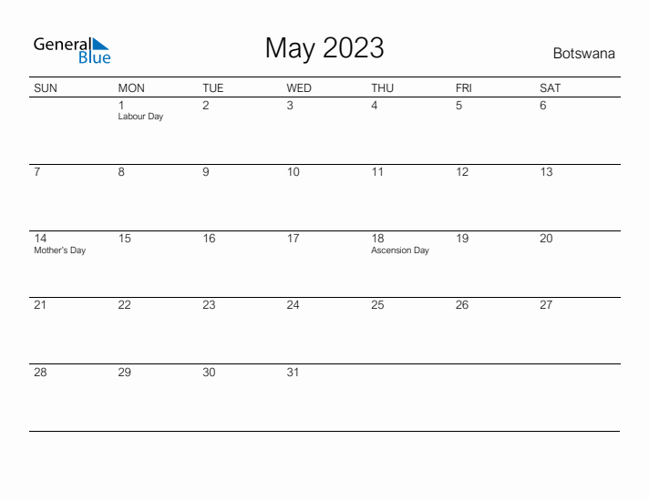 Printable May 2023 Calendar for Botswana