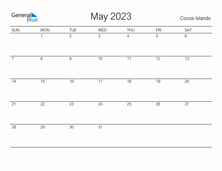 Printable May 2023 Calendar for Cocos Islands