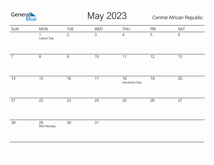 Printable May 2023 Calendar for Central African Republic