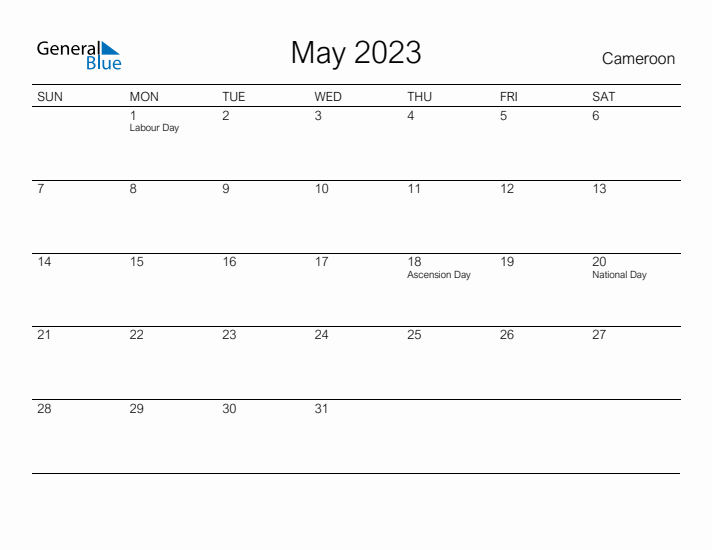 Printable May 2023 Calendar for Cameroon