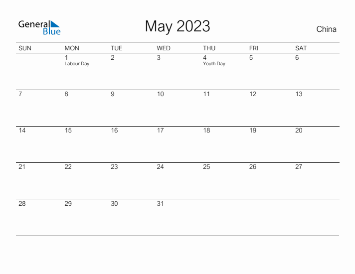 Printable May 2023 Calendar for China