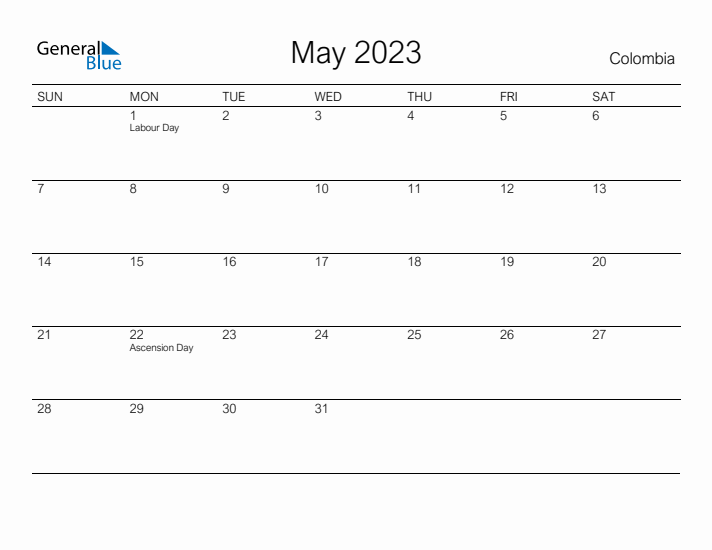 Printable May 2023 Calendar for Colombia