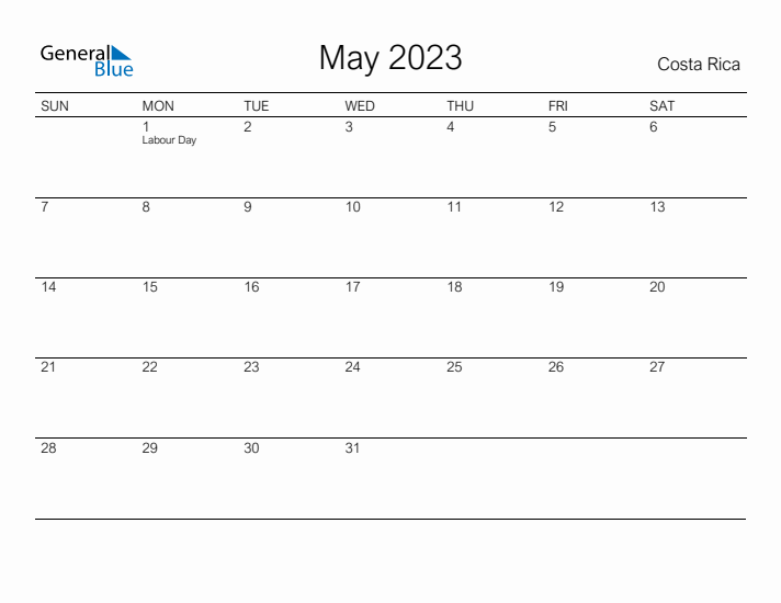 Printable May 2023 Calendar for Costa Rica