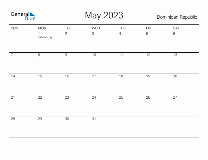 Printable May 2023 Calendar for Dominican Republic
