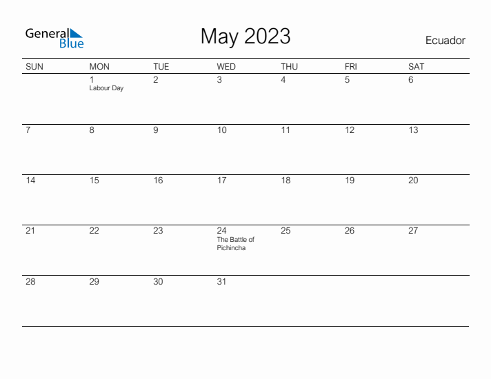 Printable May 2023 Calendar for Ecuador
