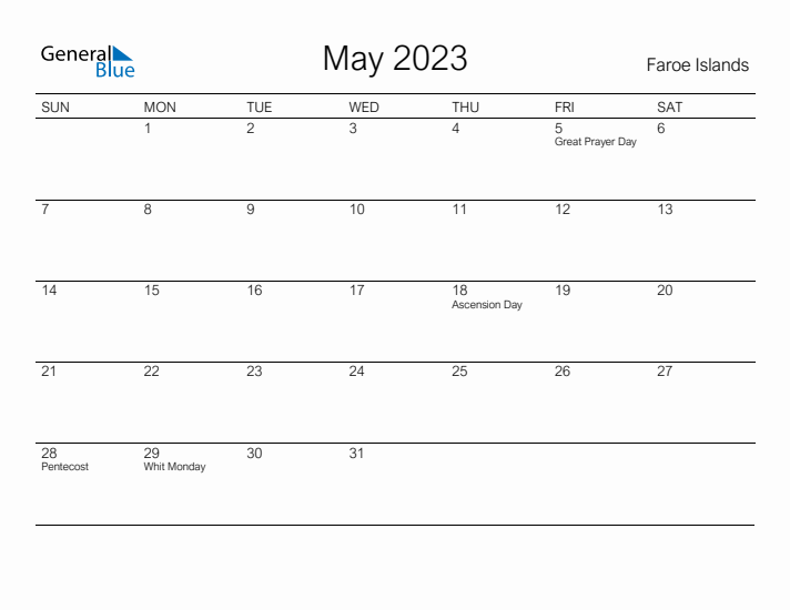 Printable May 2023 Calendar for Faroe Islands