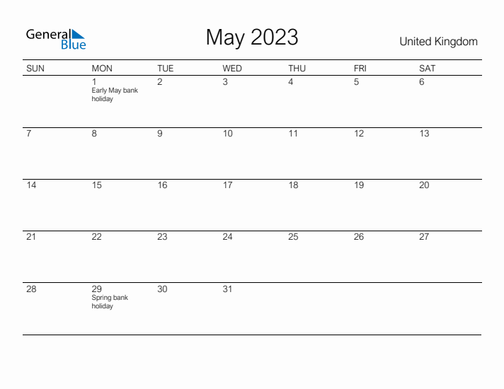 Printable May 2023 Calendar for United Kingdom