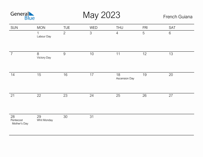 Printable May 2023 Calendar for French Guiana