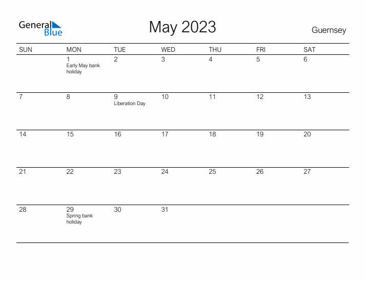 Printable May 2023 Calendar for Guernsey