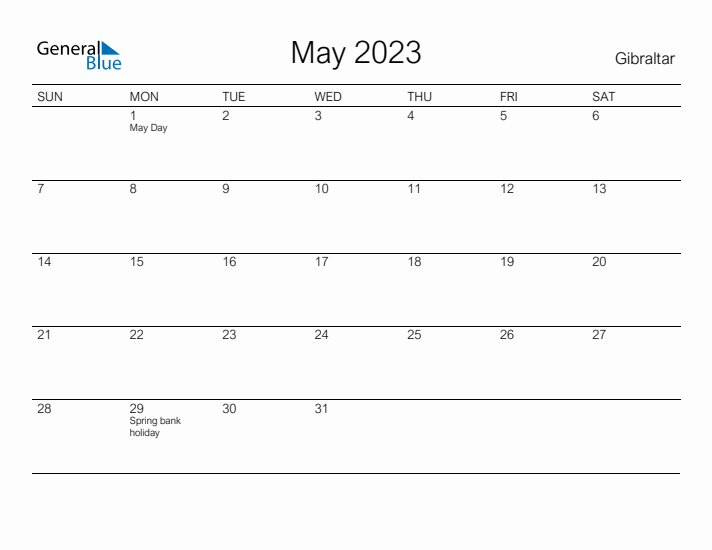 Printable May 2023 Calendar for Gibraltar