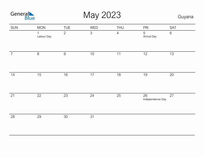 Printable May 2023 Calendar for Guyana