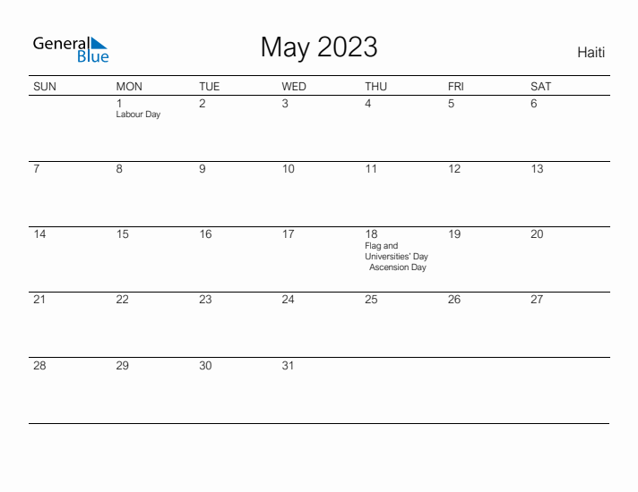 Printable May 2023 Calendar for Haiti