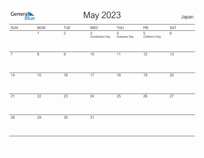 Printable May 2023 Calendar for Japan