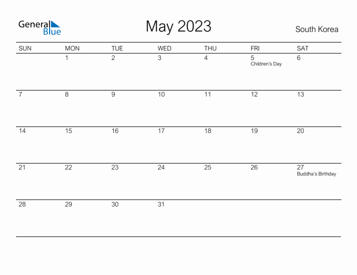 Printable May 2023 Calendar for South Korea