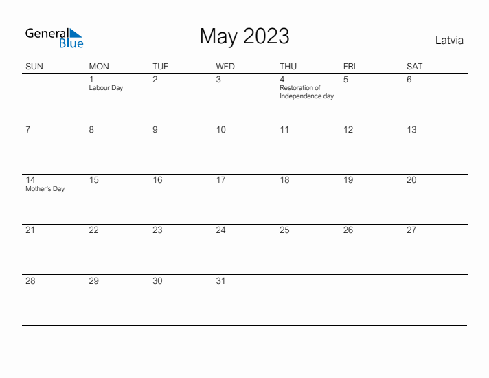 Printable May 2023 Calendar for Latvia