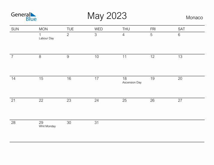 Printable May 2023 Calendar for Monaco