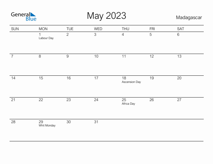 Printable May 2023 Calendar for Madagascar