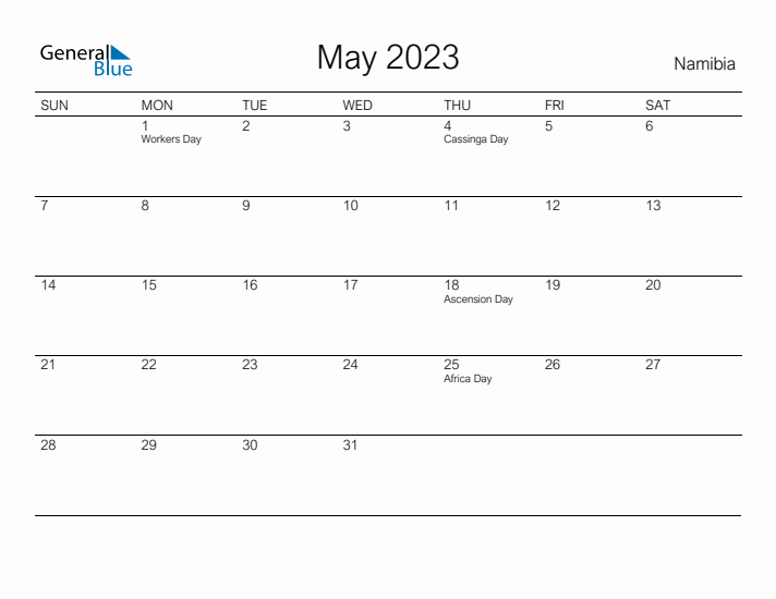 Printable May 2023 Calendar for Namibia