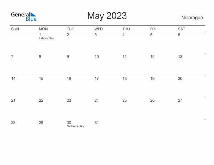 Printable May 2023 Calendar for Nicaragua